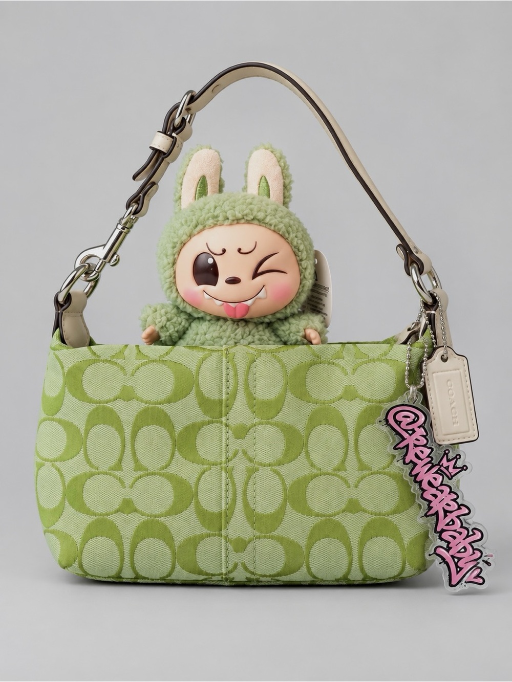 VTG Coach Signature Jacquard Mini Hobo Bag/Pouchette in Lime/White Rare